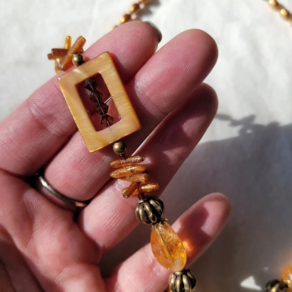 Abalone, Amber, Pearl, Crystal, & Coral Necklace
